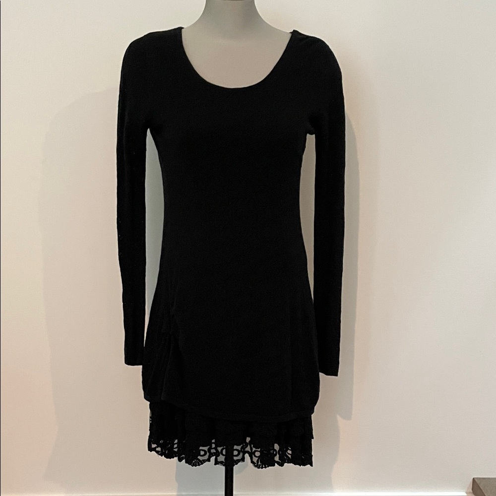 Black Long-Sleeve Scoop Neck Dress with Lace Trim